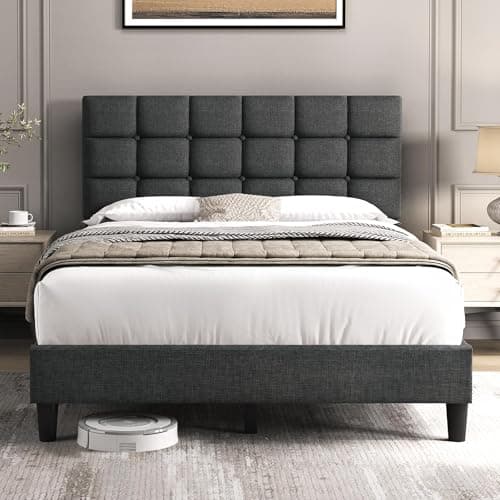 Yaheetech Upholstered Bed Frame, Modern Full Bed Platform with Square Stitched&Button Tufting Headboard Height Adjustable, Wooden Slats Support, No Box Spring Needed, Full Size, Dark Gray