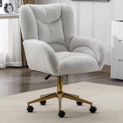 Ochangqi Cute Vanity Chair with Back for Bedroom, White Teddy Office Chair Comfy for Office, Adjustable Heigh, 360 Swivel and Gold Base (White-1)