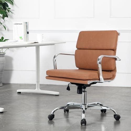 LANDSUN Executive Mid-Back Home Office Swivel Desk Chair with Armrests and Wheels - Faux Leather Soft Padded Seat Upholstered Ergonomic Computer Chair - Brown