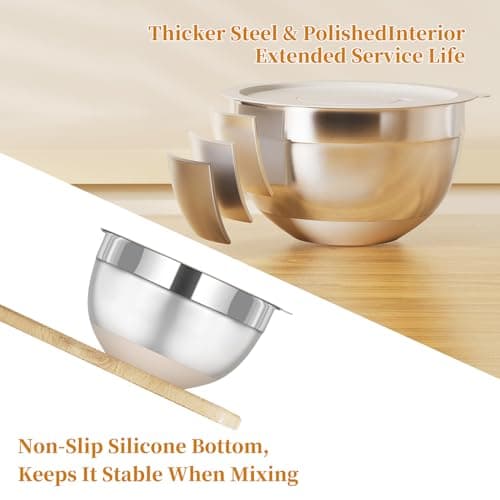 Fyrnova Mixing Bowls with Lids Set, 6 Piece Stainless Steel Nesting Storage Bowls for Kitchen, with 3 Grater Attachments & Non-Slip Bottoms, Size 5.5,3.5,2.5,2.1,1.5,1.1 QT 6