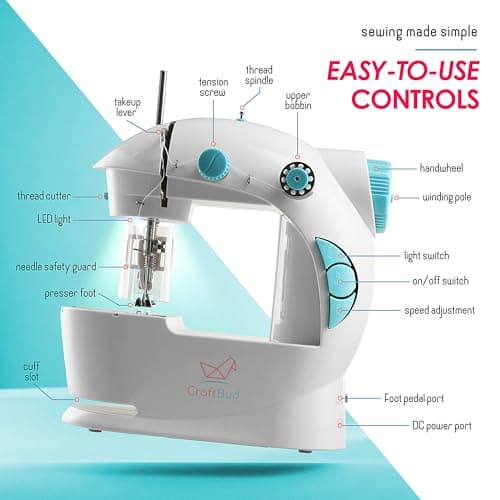 CraftBud Mini Sewing Machine for Beginners, Dual Speed Small Portable Sewing Machine for Kids and Adults with Extension Table, 48 Piece Gift Set Includes, Pedal, Projects Book, Light and More, White 8