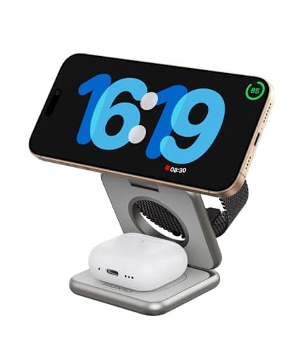KU XIU Foldable 3 in 1 Charging Station for Apple, X40 Aluminum Alloy Magnetic Wireless Charger, Portable Travel Charger for iPhone 16 15 14 13 12 Series, AirPods 3/2/Pro, iWatch-Titanium