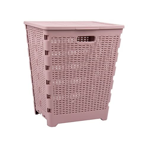 Mind Reader 61L Foldable Laundry Hamper, Clothes Basket, Lid, Wicker Design, Plastic, 18"L x 14.5"W x 21.25"H, Pink 8