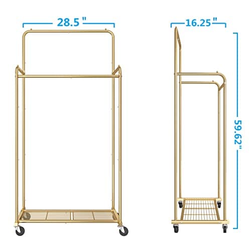 Simple Trending Double Rod Clothes Garment Rack, Heavy Duty Clothing Rolling Rack on Wheels for Hanging Clothes,with 4 Hooks, Gold 7