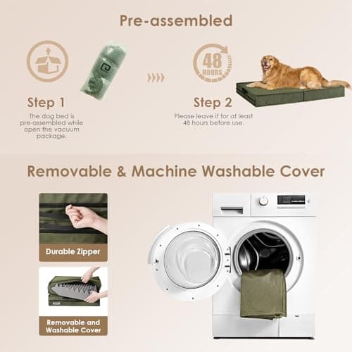 EHEYCIGA Foldable Waterproof Dog Beds for Large Dogs - Outdoor Orthopedic Dog Bed with Washable Removable Cover, Pet Bed Mattress with Handle, Olive Green, 36 x 27 x 3.5 inches 5