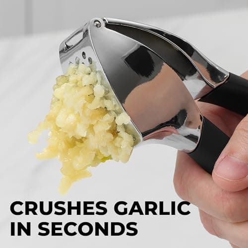 Zulay Kitchen Comfort Grip Garlic Press - Garlic Mincer Tool - Garlic Crusher - Garlic Press Mincer Rust Proof, with Soft Ergonomic Handle, Easy Clean Set with Peeler and Brush 5