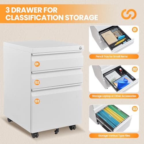 AFAIF 3 Drawer Mobile File Cabinet with Lock, Rolling File Cabinets for Home Office, Under Desk Small File Caninet on wheels, Metal Vertical White Filing Cabnet for Legal/Letter/A4 - Assembly Required 7