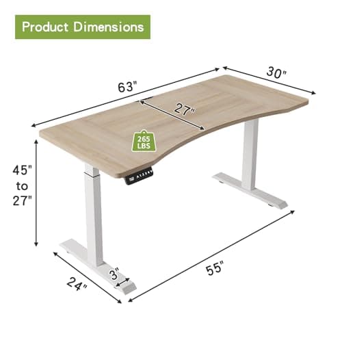 Radlove Dual Motors Height Adjustable 63 x 30'' Electric Standing Desk with Curved Design Stand Up Table 4 Memory Keys, Computer Desk with Splice Board Home Office Desk, Oak Top + White Frame 7