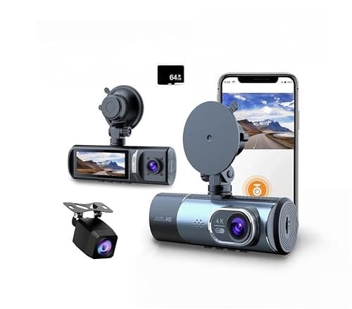 4K 3 Channel Dash Cam, 5GHz WiFi Built-in GPS with 64GB Card, 4K+1K+1K Front and Rear Inside, Triple Car Camera with 3.16 Inch Screen, IR Night Vision, G Sensor, WDR (D5)
