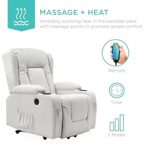 Best Choice Products Modern Linen Electric Power Lift Chair, Recliner Massage Chair, Adjustable Furniture for Back, Legs w/ 3 Positions, USB Port, Heat, Cupholders, Easy-to-Reach Button - Ivory 5