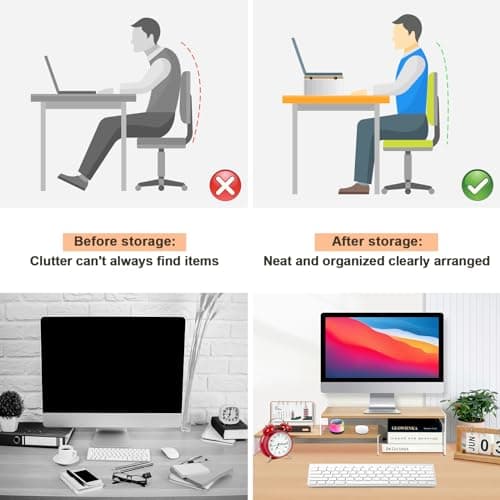 YGYQZ Adjustable Monitor Stand Riser with Acrylic Legs丨7.67" Wide Dual Monitor Stand for Desk丨2-Tier Wood Desktop Organizer for Computer, Laptop, Printer & PC丨Modern Aesthetic Desk Shelf(wood-flat) 6