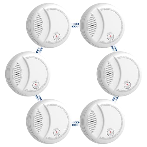 Hapippofa Interlinked Smoke Detector, Wireless Interconnected Smoke Alarm, 10-Year Sensor, Silence/Test Button & 9V Battery Backup for Whole Home Safety 6PCS