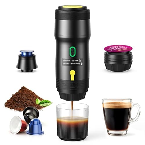 Portable Electric Espresso Machine, Car Self-Heating Coffee Maker with USB-DC, Travel Coffee Machine for Camping, Compatible With NS Capsules & Ground Coffee, Portable Coffee Maker for Hiking, RV,Home