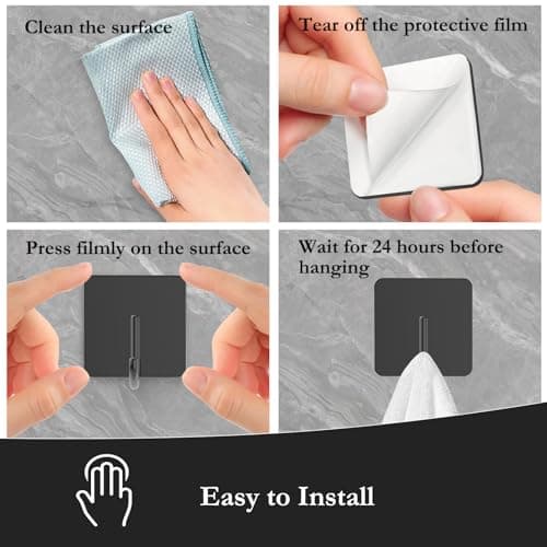 Docrok 6 Pack Stainless Steel Heavy Duty Adhesive Towel Hooks for Bathrooms, Kitchen Towel Hooks, Waterproof Bathroom Hooks for Towels, Wall Hooks for Hanging, Adhesive Shower Coat Hook, Black 6