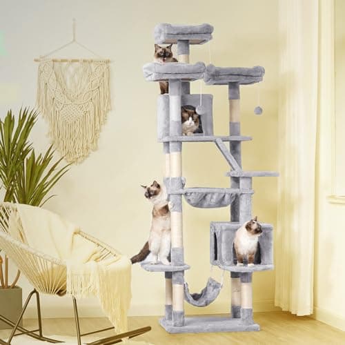Heybly Cat Tree, 73 inches Tall Cat Tower for Large Cats 20 lbs Heavy Duty for Indoor Cats,Big Cat Furniture Condo for with Padded Plush Perch, Cozy Basket and Scratching Posts Light Gray HCT030W 5