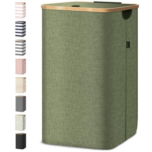 BALEINE Laundry Hamper with Lid, Tall Laundry Baskets with Bamboo Pull Handles, Large Laundry Bin with Internal Support (26 Gal/100L, Green)