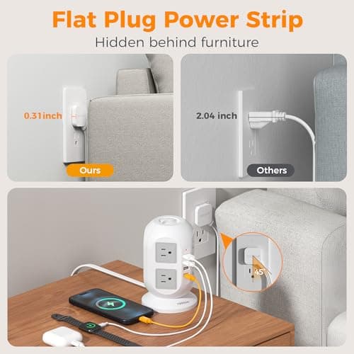 TESSAN Tower Surge Protector Power Strip 10 ft, Long Flat Extension Cord with Multiple Outlets, 8 AC Outlets with 4 USB Ports (1 USB C), Charging Station with Surge Protection, for Home Office Dorm 9