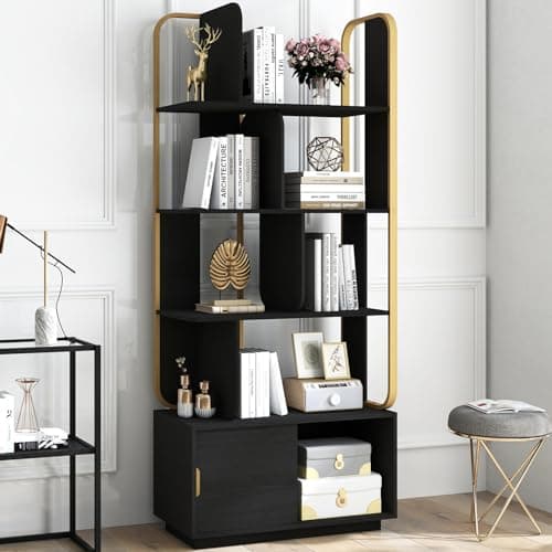 Jiansu furni,Geometric Bookcase,Modern Bookshelf,with 4 Tiers,8 Open Shelves and Sliding Door,Freestanding Decorative Metal and Wood Storage Shelves for Bedroom,Living Room,74 Inch (Black)