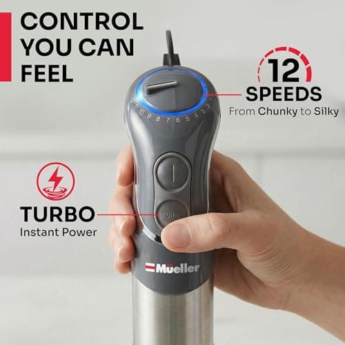Mueller Multistick 5-in-1 Immersion Blender Handheld,12 Speed Hand Mixer-Turbo Boost,Heaviest Duty Copper Motor,Titanium reinforced Blades Hand Blender,Milk Frother Wand,Whisk,Beaker,Chopper,Grey 7