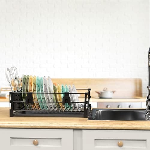 Simple Houseware Dish Drying Rack with Drainboard, Utensil Holder & Mug Hooks, Black Metal Kitchen Counter Organizer 5