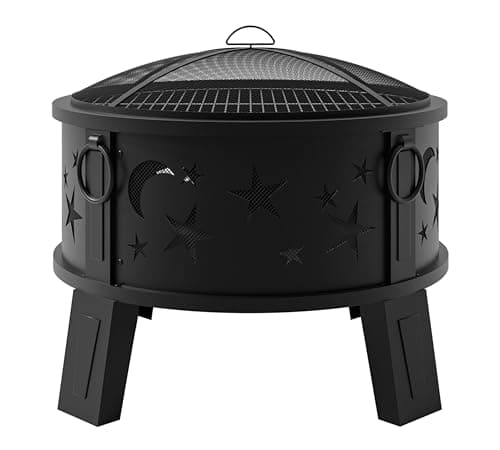 Kingson 26" Outdoor Fire Pit with Grill & Mesh Cover, Wood Burning Steel Firepit with Poker & Star Spark Screen, Heavy Duty Patio Fire Bowl for Backyard, Camping & Garden 7