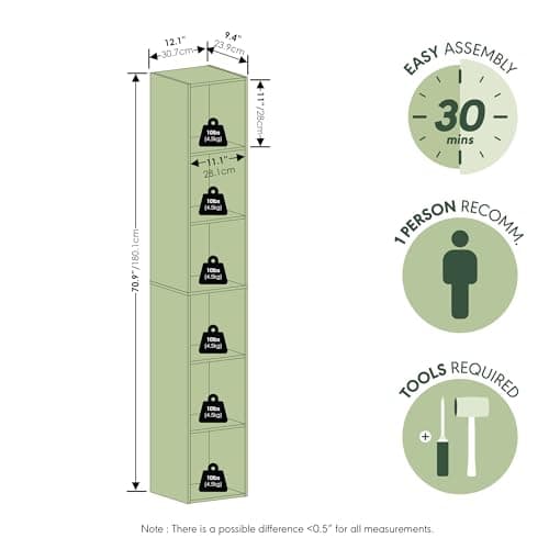 Furinno LUDER Book Shelf, 6-Tier Tall Modern Bookshelf, Bookcase with Open Shelves, 9.3 x 12 x 71, for Living Room, Bedroom, Home Office, White 5