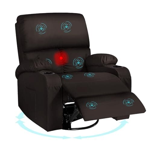 LAFWELL Rocking Recliner Chair, Massage Rocker Recliner Chair with Vibration Massage and Heat,360° Swivel Recliner Chairs, Living Room, Bedroom, Nursery, RV, Brown