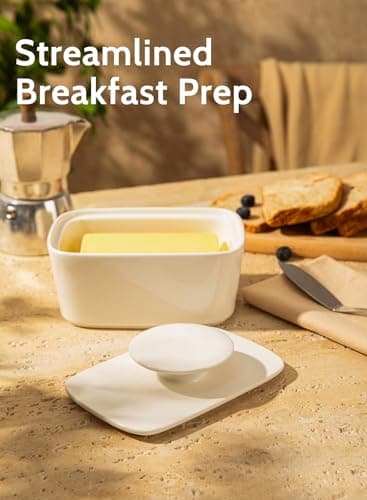 Sweese Extra Large Butter Dish with Lid, 6.2" Porcelain Butter Keeper Container - Perfect for East/West Coast Butter and Kerrygold Butter, Butter Crock with Lid, Gift - White 5