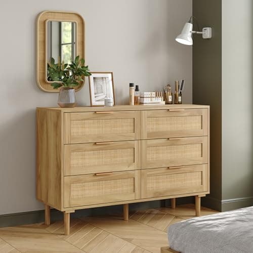 Furniouse 6 Drawer Rattan Dresser for Bedroom Wood Boho Dressers with Solid-Wood Legs & Natural Real Rattan Drawer, Modern Chest of Drawers Beside Table for Bedroom, Living Room