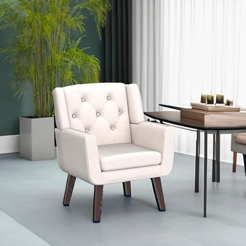 Living&Giving Accent Chair Button-Tufted Upholstered Living Room Chairs Comfy Reading Mid Century Modern with Linen Fabric Lounge Arm for Bedroom (Beige) 29.33D x 28.94W x 34.65H Inch 6