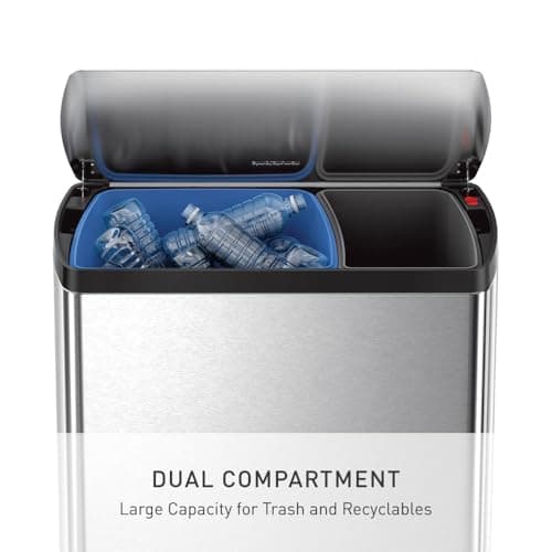 simplehuman Rectangular Dual Compartment Recycling Kitchen Step Trash Can, 46 Liter, Brushed Stainless Steel 5