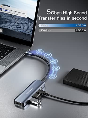 USB C HUB, DockteckExpand USB-C Multiport Adapter 5 in 1 with 4K HDMI, 100W Power Delivery, 3 USB 3.0 Data Ports for MacBook Pro/Air, iPad Pro/Air/Mini 6 and More 5