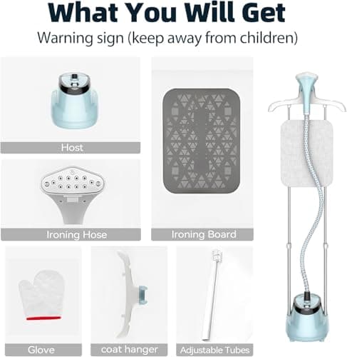 Upright Steamer for Clothes 1350W Turbo Boiler Standing Garment Steamer 1.6L Water Tank 1h Continuous Steam Flat&Hanging Ironing Double Retractable Rod 10 Modes 30s Fast Preheat for all Fabrics 7