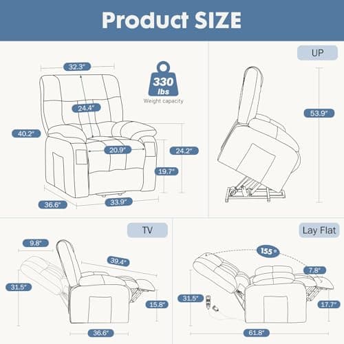DUMOS Power Lift Recliner Chair with Vibration Massage and Heat for Elderly, Ergonomic Overstuffed Breathable Fabric Reclining Chair with 3 Pockets, Remote Control, Living Room, Bedroom, Grey 7
