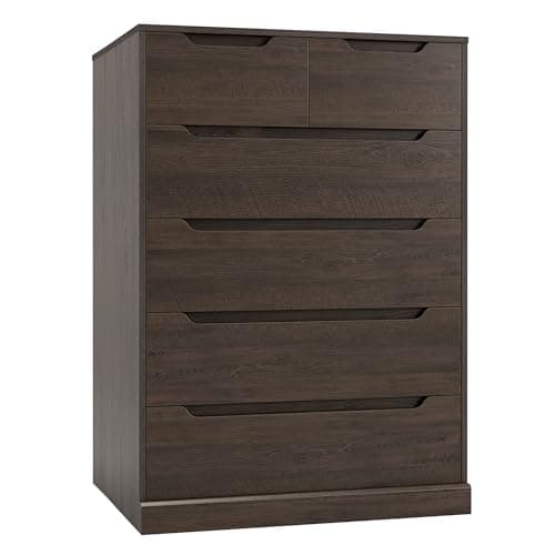 HOSTACK Modern 6 Drawer Dresser for Bedroom, Tall Chest of Drawers with Storage, Large Wood Storage Chest Organizer with Cut-Out Handle, Accent Storage Cabinet for Living Room, Hallway, Dark Brown