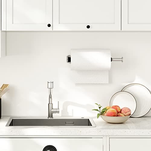 Fixwal Paper Towel Holder Under Cabinet, Single Hand Operable Wall Mount Paper Towel Holder with Damping Effect, Bend-Resistant, Self-Adhesive or Drill Mounting for Kitchen Bathroom, Silver 6
