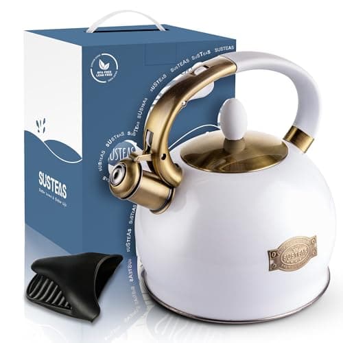 SUSTEAS Stove Top Whistling Tea Kettle - Food Grade Stainless Steel Teakettle Teapot with Cool Touch Ergonomic Handle, With 1 Silicone Pinch Mitt Included, 2.64 Quart(WHITE) 7