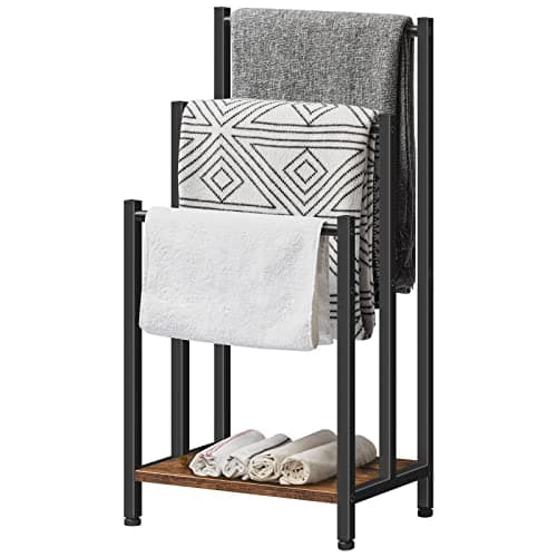 HOOBRO Free Standing Towel Rack, 3 Tier Blanket Rack, Blanket Holder for Bathroom, 16.9" L x 11" W x 31.9" H, Industrial Metal Drying and Display Rack with Shelf, Rustic Brown and Black BF03LB01 9