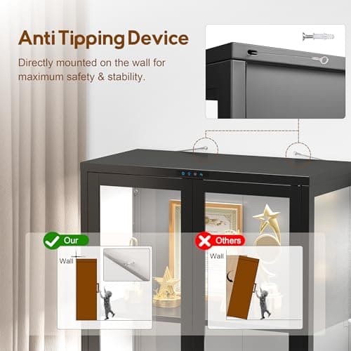 UNICOLY Display Cabinet with Glass Doors, Glass Display Cabinet with 8 Color LED Lights, Curio Display Cabinet with 3 Shelves for Living Room, Plant, Display Shelf, Assembly Required, Black 8