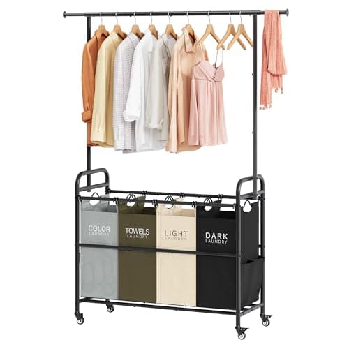 Tajsoon Laundry Sorter Cart with Hanging Clothes Rack, 4 Butler Sorter Basket Organizer, Laundry Hamper Cart with Heavy Duty Rolling Lockable Wheels, 4 Colors