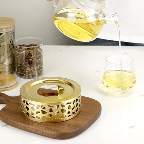 QWORK Tea Kettle Warmer, Brushed Stainless Steel Tea Kettle, Hollow Frame, with Tea Candle Holder, Fits Most Teapots, Gold 5