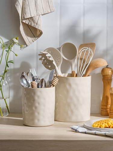 famiware Ocean Utensil Holder, 7.2"+5.8" Ceramic Kitchen Utensil Holder for Countertop, Cooking Utensil Crocks, Utensil Organizer for Spatula & Spoon, Kitchen Decor, Set of 2, Vanilla White 8