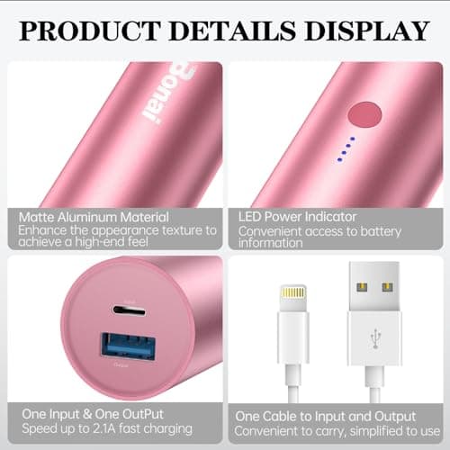 BONAI Portable Charge Power Bank 5000mAh Cylindrical Ultra-Compact External Backup Battery Compatible with iPhone 14 13 12 11 Android Phone and More - Rose Gold (with an 8-pin Charging Cable) 5
