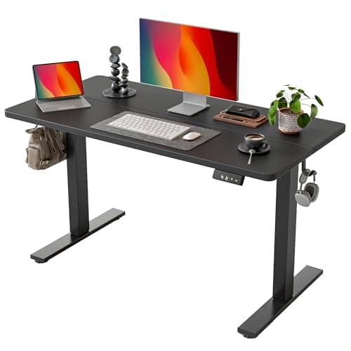 TIQLAB Standing Desk 47 x 24 inch, Electric Height Adjustable Desk with Splice Board, Stand Up Desk, Sit Stand Computer Desk for Home Office, Black Frame/Black Top