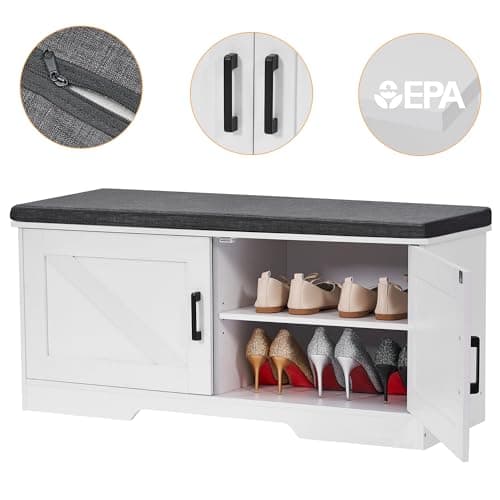 HOMSHO 2-Tier Storage Bench, 39.4" Wide Shoe Bench with Padded Seat Cushion, Entryway Bench with 2 Barn Doors and Adjustable Shelf, White 6