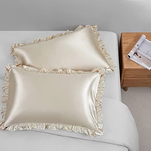 SiinvdaBZX Ruffled Queen Satin Pillowcase Set of 2, Beige Silky Satin Pillow Cases for Women Ruffle Pillow Shams Covers Princess Room Decoration, with Envelope Closure 7