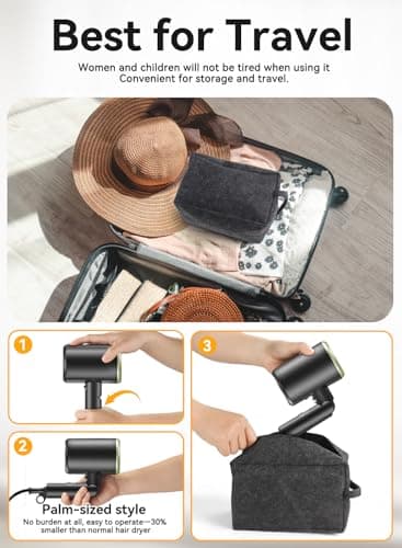 Hair Dryer, Ionic Blow Dryer - Fast Drying, Low Noise, Foldable Portable with Diffuser and Nozzle, Compact Mini for Women and Men - 1 Pack 8