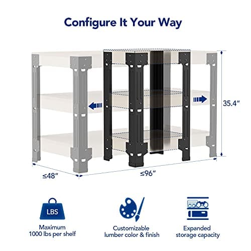 FLEXIMOUNTS Universal Steel Work Bench Leg Kit, Garage Storage Shelving Frame Workbench Customizable in Sizes and Colors, Maximum 96" Length, 48" Width, 35.4" Height, Black,Lumber Not Included 6