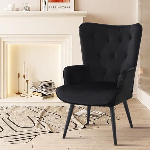 Furnimart Black Velvet Accent Chair Mid Century Modern Living Room Chairs; Comfy Armchair Leisure Vanity Guest Wingback Chair for Office Study Vanity Bedroom Waiting Room 8