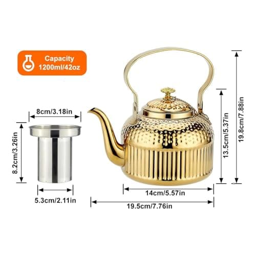 SANQIAHOME Antique 1.2L (40Oz) Stainless Steel Teapot with Infuser Gold 6